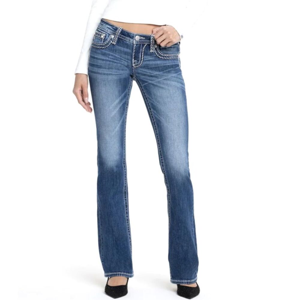 Miss Me Women's Blue Denim White Topstitch Low Rise Bootcut Jeans Size 28